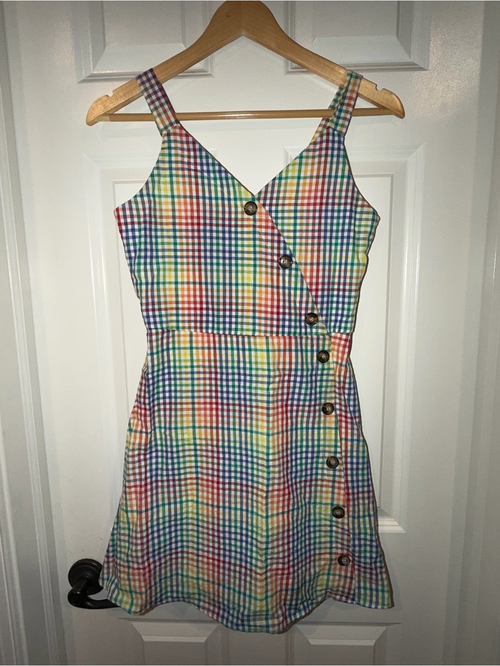 Amy Byer Rainbow Gingham Button-Front Mini Dress 14 like new
